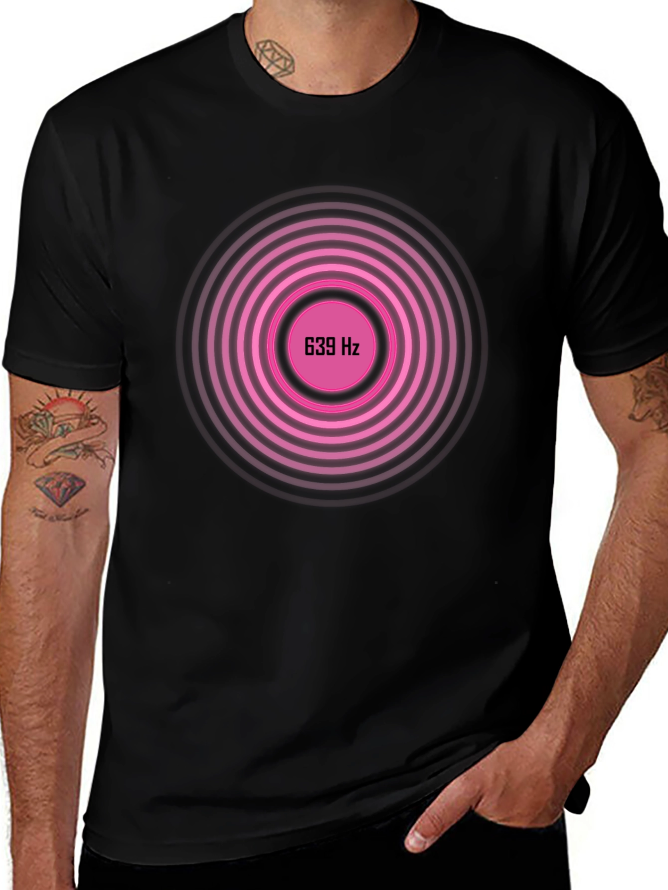 639 Hz Pink Circle Graphic Black T-Shirt