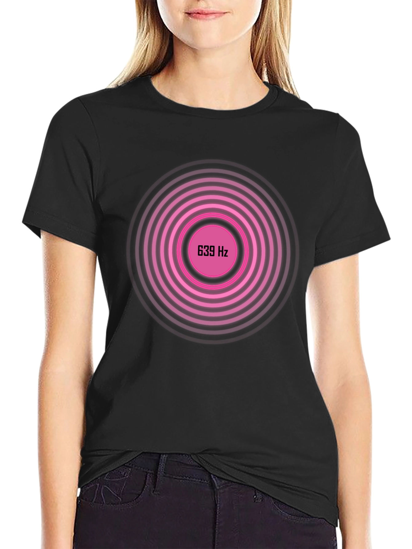 639 Hz Pink Circle Graphic Black T-Shirt